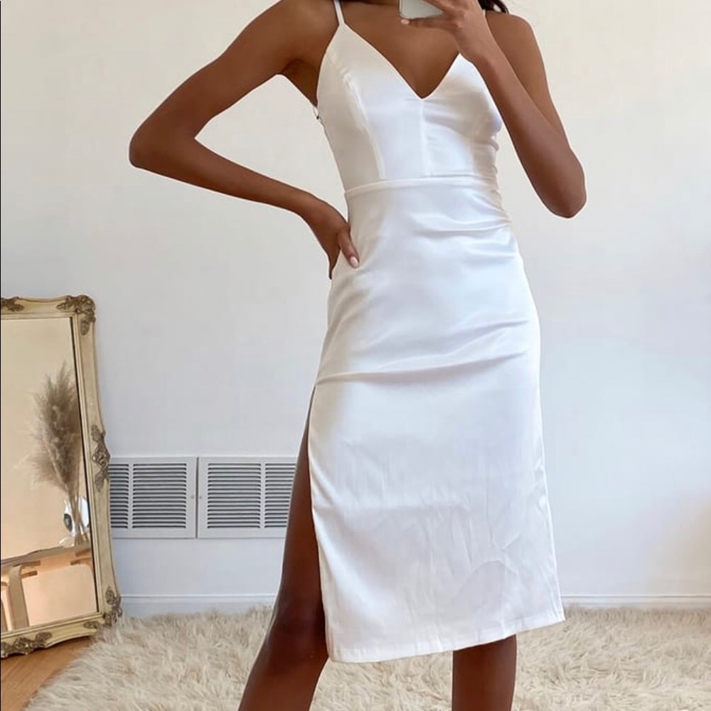 White Embroidered Lace Satin Midi Dress